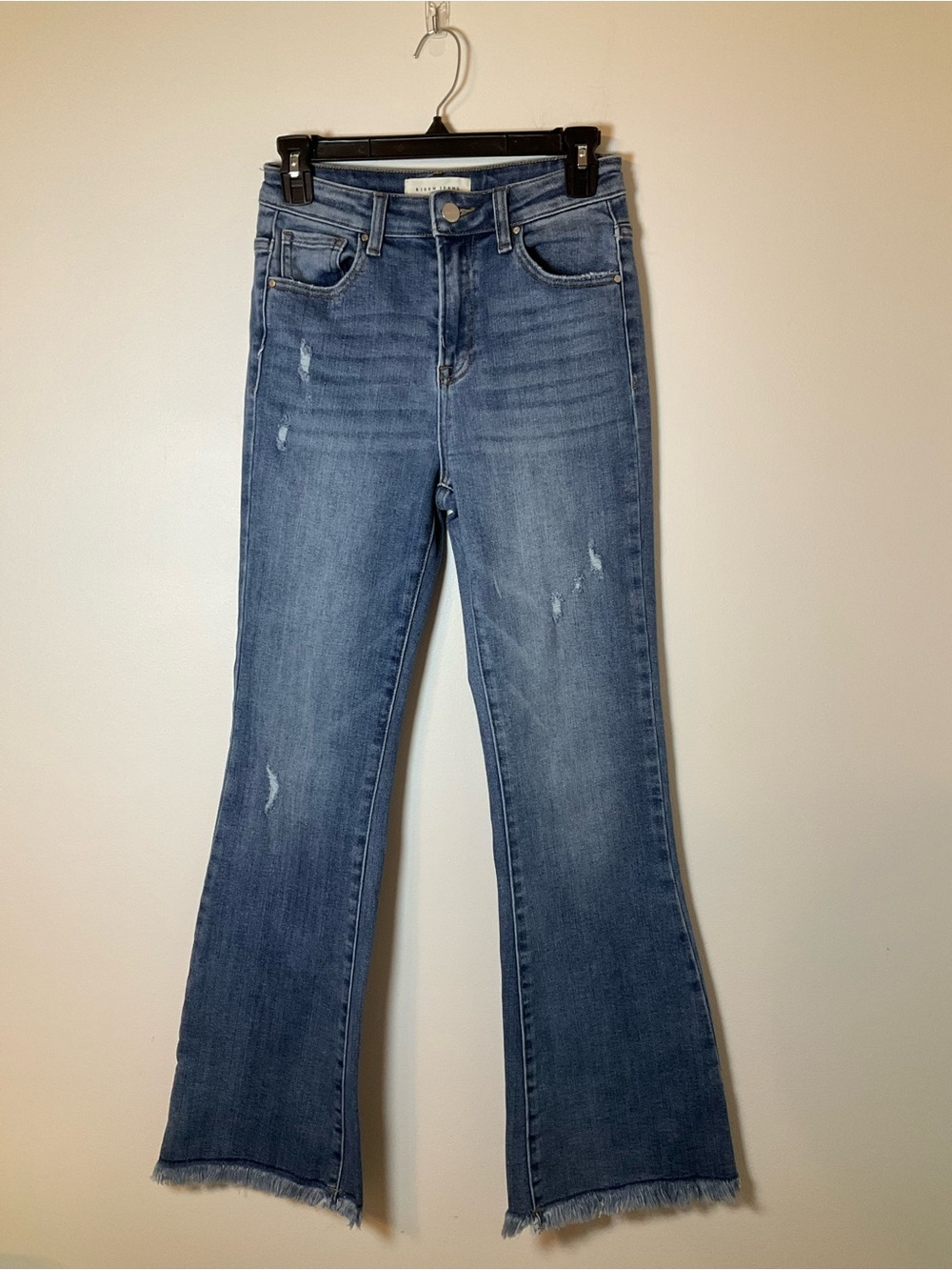 Risen High Rise Flare Jeans Distressed Raw Hem Size 3/26